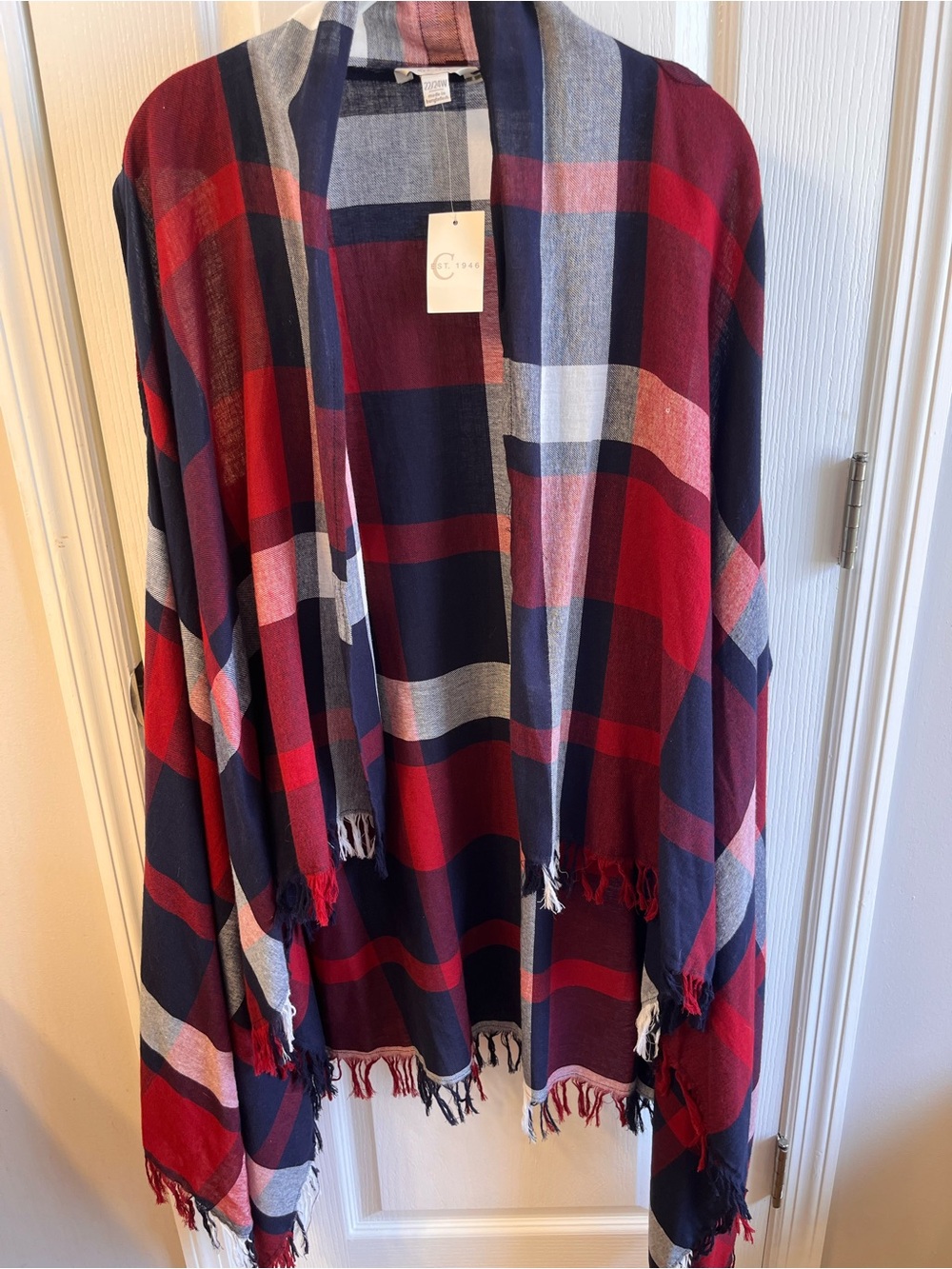 NWT Red Blue Sleeveless Long Open Front Duster with Fringe Women's 22/24W